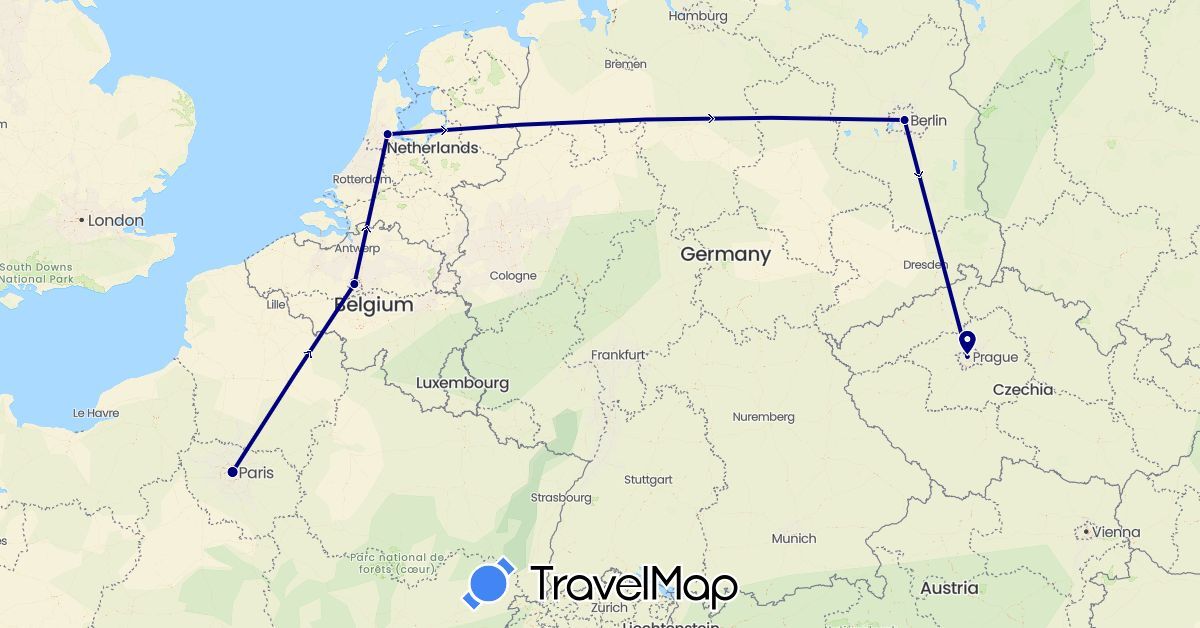 TravelMap itinerary: driving in Belgium, Czech Republic, Germany, France, Netherlands (Europe)